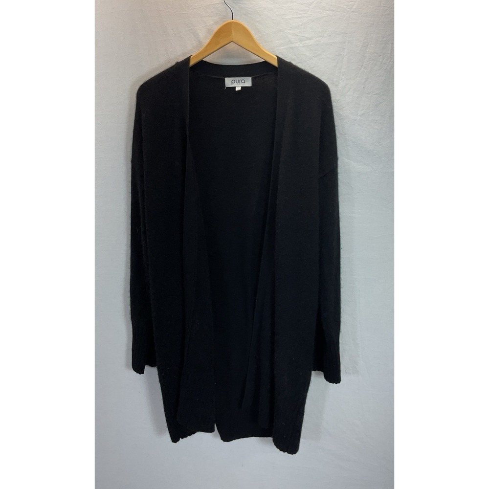 Pura Cashmere Women's‎ Long Open front 100% Cashmere duster Black Cardigan LG